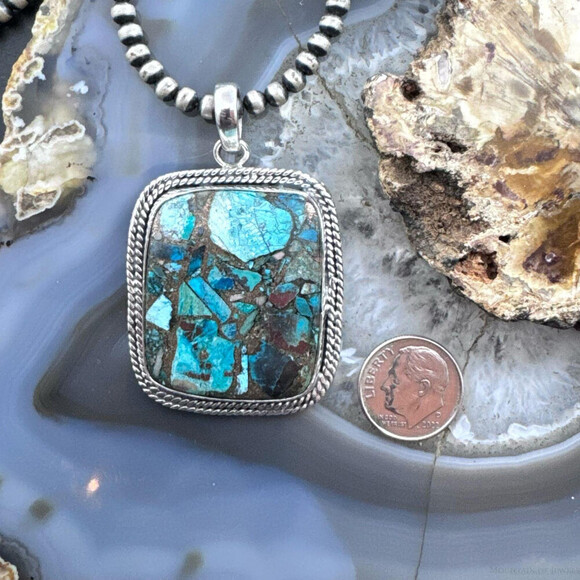 Sterling Southwestern Style Large Square Cooper Turquoise Pendant For Women - Picture 8 of 10